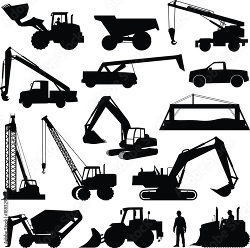 Heavy construction machinery silhouettes set including cement mixer, excavator, crane, bulldozer, dump truck, loader, and industrial building equipment icons for engineering projects.
