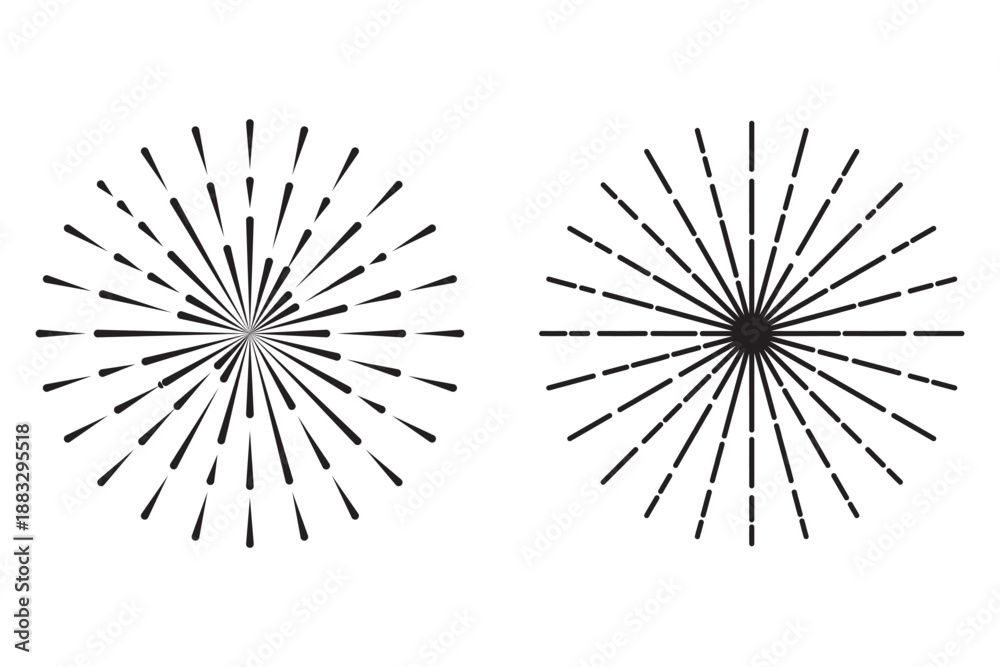 Obraz premium Boho sunburst in different shapes. Explosion, firework, sparks, shine, twinkle, sun rays. Trendy bursting rays design elements. Vector illustration.