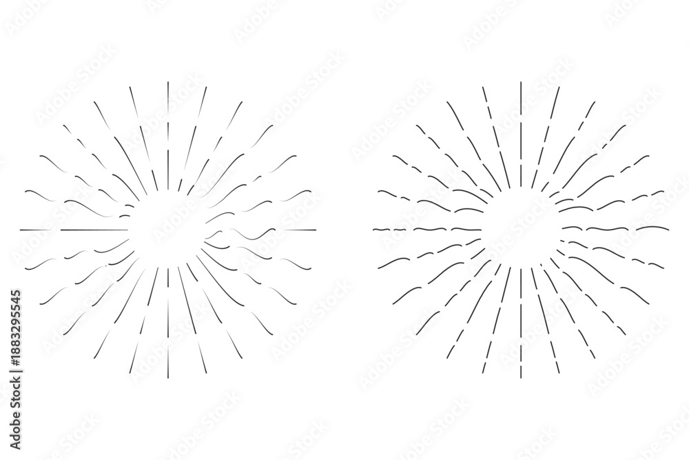 Fototapeta premium Boho sunburst in different shapes. Explosion, firework, sparks, shine, twinkle, sun rays. Trendy bursting rays design elements. Vector illustration.