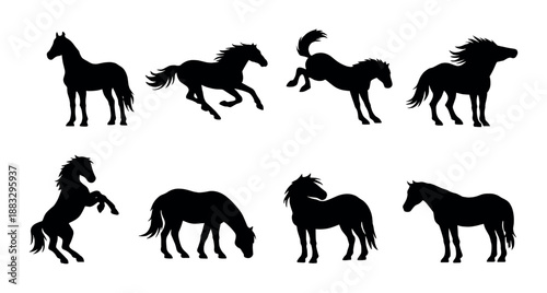 Silhouette collection of horses in various poses against black background