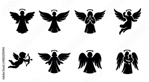 Silhouette of diverse angel figures against dark background