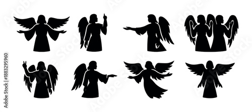Silhouette angel icon set on dark background