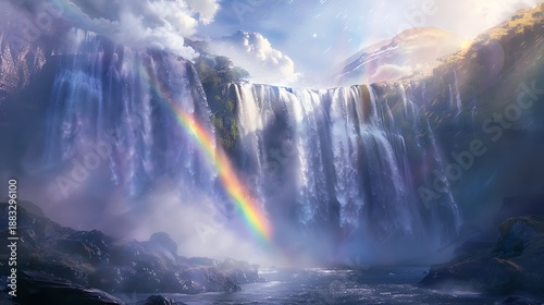 A dramatic waterfall plunging into a misty abyss with rainbows arching across the spray and creating a magical and surreal scene
