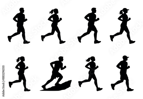 Silhouettes of diverse runners in motion on a dark background