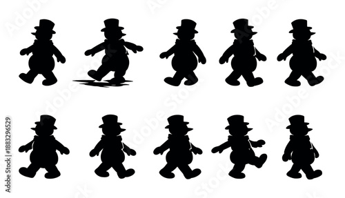 Silhouette of child-like characters in various poses against dark background