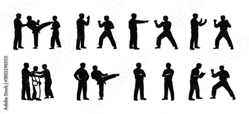Silhouettes of martial arts poses: shadowed combat stances