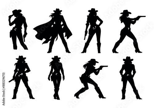 Silhouettes of female figures with cowboy hats and guns in various poses