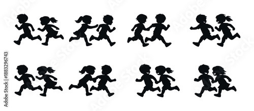 Silhouette of children running in various pairs and directions