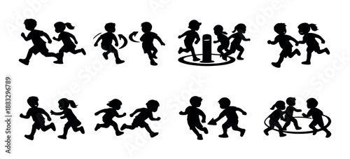 Silhouette of children engaged in outdoor play and activities on gray background