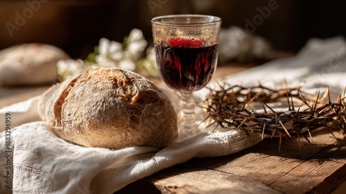 A symbolic tableau capturing the essence of communion, with a loaf of bread, a glass of wine, and a crown of thorns. ..Created with Generative AI, not depicting real subjects.