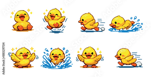 Cute animated ducklings in various joyful poses and playful actions