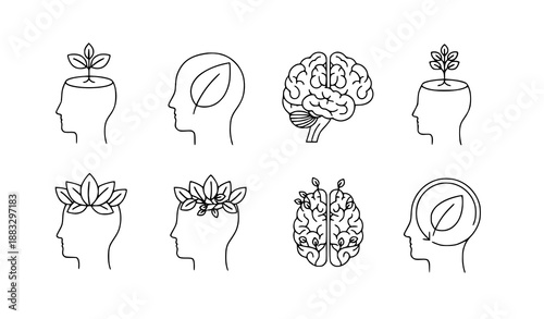 Eco mind line icon set with plant head, leaf brain, and sustainability symbols for nature and innovation