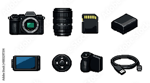 Retro pixel art camera set with accessories and usb cable
