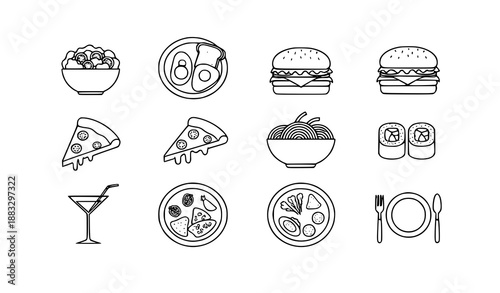 Minimalistic restaurant menu line icon set with salad, breakfast, fast food, pizza, pasta, sushi, cocktails, and vegetarian meals