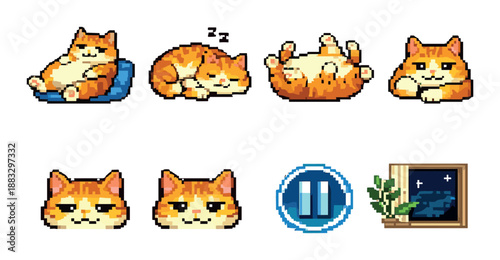 Pixel art animation of orange cats sleeping and playing with pause button icon