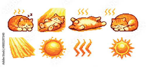 Pixel art cat in sunlight: multiple cozy sleeping positions