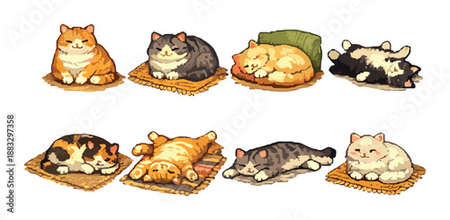 Adorable pixel art cats relaxing in various cozy positions on rugs