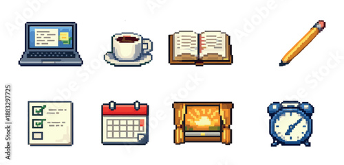 Pixel art icons of laptop, coffee, book, pencil, checklist, calendar, sunrise, alarm clock
