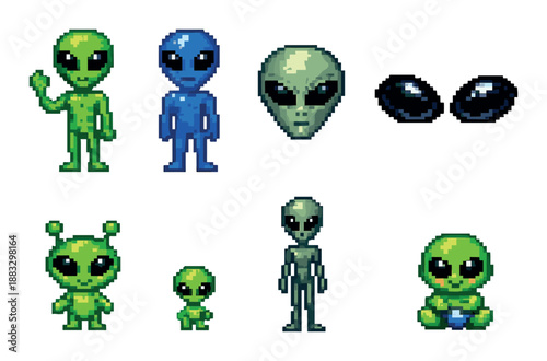 Colorful pixel art aliens with distinct features in various styles