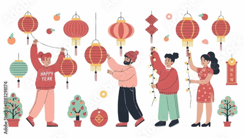 People decorating festive lanterns in a joyful cultural celebration scene with Whisk elements