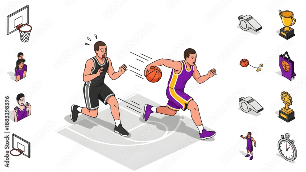 Fototapeta premium Basketball players engaged in a fast-paced game, with associated sports equipment and trophies displayed
