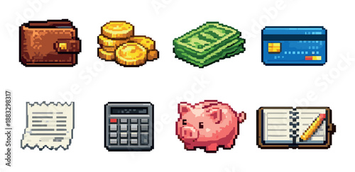 Pixel art financial icons: wallet, coins, cash, card, receipt, calculator, piggy bank, journal