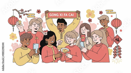 Diverse group celebrating Lunar New Year with red envelopes and lanterns in a festive atmosphere