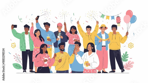 Diverse group of people celebrating together with balloons and flags in a lively atmosphere, viewed from the front.