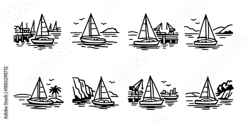 Minimalist sailing boat icons on tranquil sea with mountain scenery