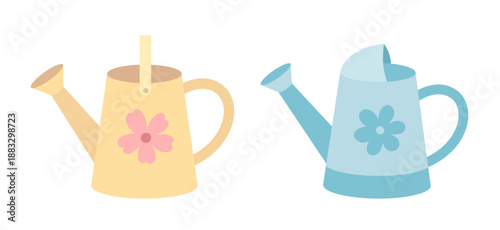 Outdoor garden watering can icon.
Garden watering can flat vector illustration set.
Simple watering can for plants clip art graphic.
Transparent background. SVG.
