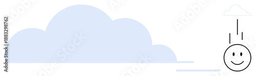 Cloud concept. A large soft cloud with a minimal smiling face and rain lines beneath it. Cloud weather, data, optimism, and simplicity. Great for weather apps, technology, creativity positivity
