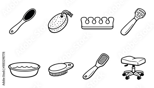 Pedicure tools: brush, pumice, nail separator, foot file, water bowl, and stool