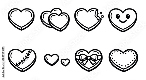 Cute cartoon heart icons with various expressions and styles on black background