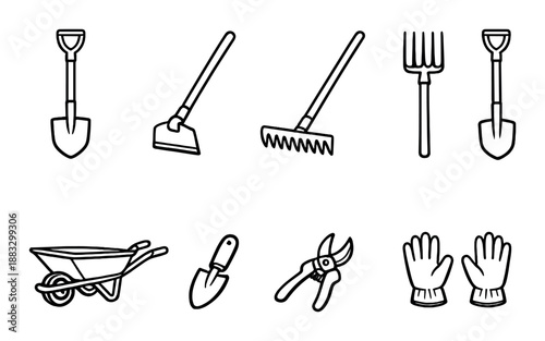 Outline icons of essential gardening tools on dark background