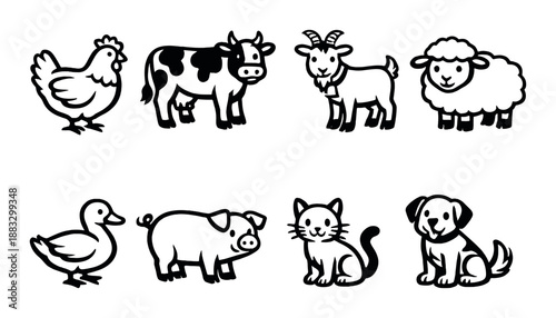 Silhouette icons of farm animals: chicken, cow, goat, sheep, duck, pig, cat, dog
