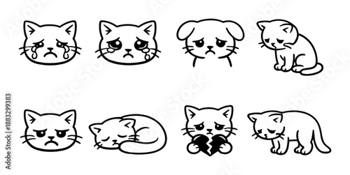 Sad cartoon animals: cats and dogs with emotional expressions in black and white