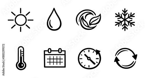 Weather and time management icons: sun, rain, seasons, temperature, calendar