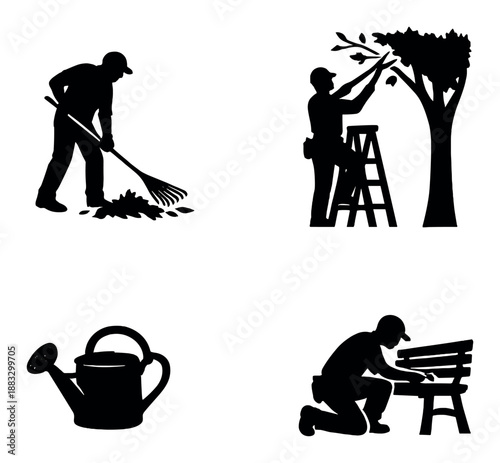 Silhouette icons of gardening tasks including watering, trimming, raking, and tree pruning