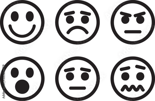 Six black line depicting various facial expressions of emotions white background symbols
