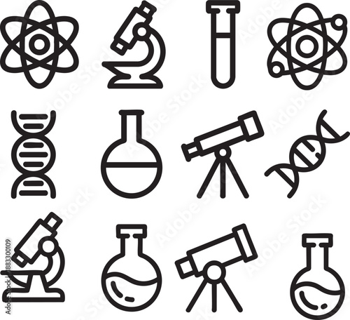 Black line of atom, microscope, test tube, dna, flask, and telescope on white background atomic