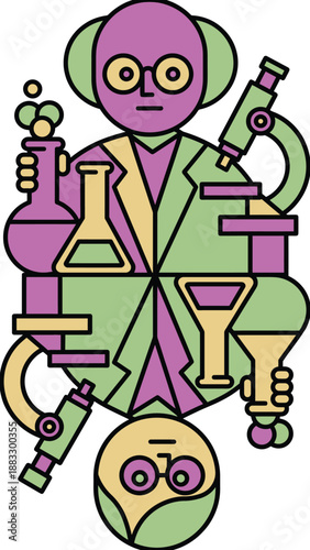Illustration of a scientist with laboratory equipment, creative design.