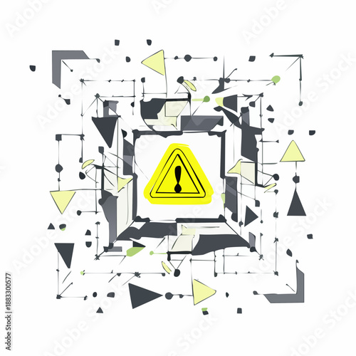 Geometric shapes and warning sign amidst abstract elements viewed from directly above