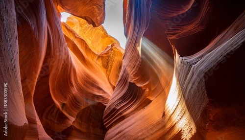 Sunlit Beams Slicing Through Sculpted Orange Sandstone Of Upper Antelope Canyon Revealing Swirling Textures Glowing Walls And Ethereal Desert Light