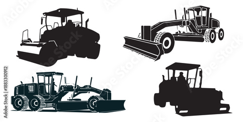 Motor grader silhouette vector, Heavy machinery flat vector, Industrial equipment, Construction road machinery illustration.