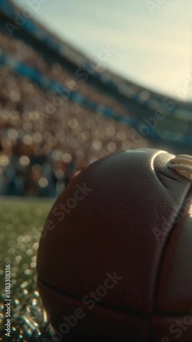 close-up slow-motion video. A brown ball is fixed by an American football player in order to be kicked forward into the stadium