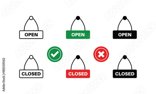 Open and Closed Door Hanging Sign Icons Set with Check and Cross Status Indicators