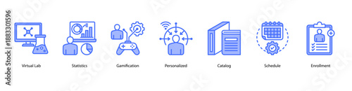 Personalized EdTech Experience web banner icon vector illustration featuring Virtual Lab, Statistics, Gamification, Personalized, Catalog, Schedule, and Enrollment.