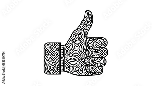 Intricate hand gesture with thumb up, artistic design, detailed patterns, positive symbol, approval concept.
