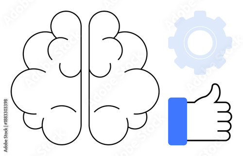 Creative thinking concept. ion of the brain with gear and thumbs up icons innovation, problem-solving, and creativity. Creative thinking in education, teamwork, leadership, and design