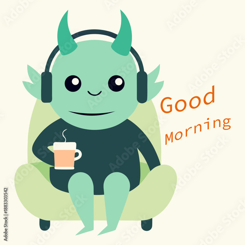 Vector art illustration of kawaii mascot drinking coffee